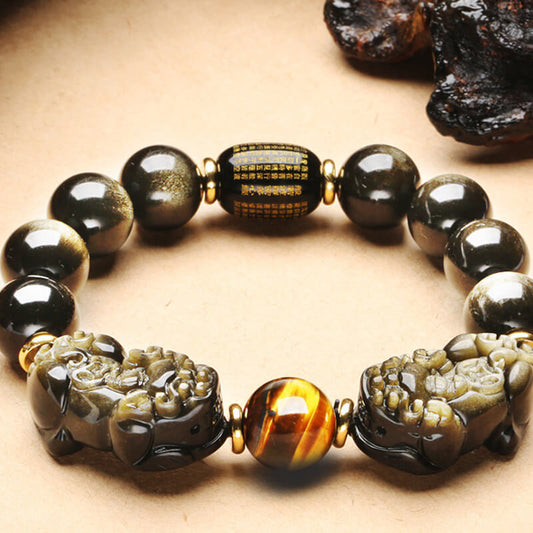 Natural Gold Obsidian Double Pi Xie (Pixiu) Bracelet for Wealth Seeking